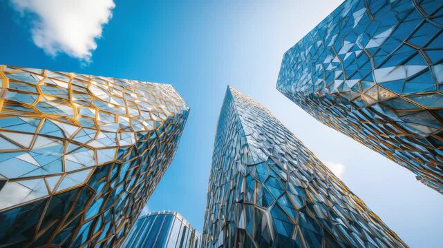 Modern skyscrapers with intricate designs under a clear blue sky in an urban setting reveal stunning architecture and creative use of glass