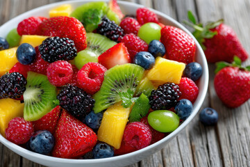 Obraz premium Colorful Mixed Fruit Salad in a White Bowl