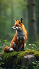 Obraz premium Red fox sits on moss covered rock in verdant forest glade. Wild mammal with bushy tail looks alertly to side among green plants and trees. Animal is in natural habitat.