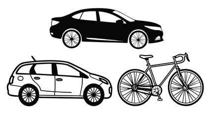 Fototapeta premium Car and Bicycle Outline Vector Set, Minimal Transport Silhouette Illustrations Line Art
