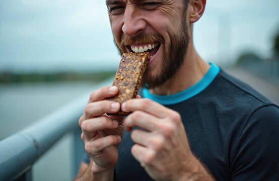 Fit man eats energy bar after outdoor exercise. Athlete recovers energy with healthy snack, rebuilding muscle post workout. He enjoys tasty treat.