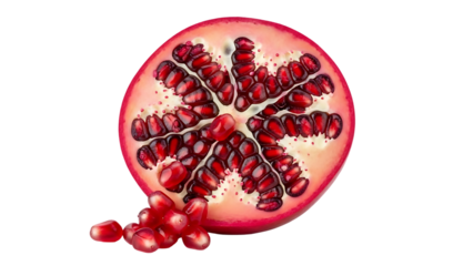Cross section of a ripe pomegranate revealing juicy arils