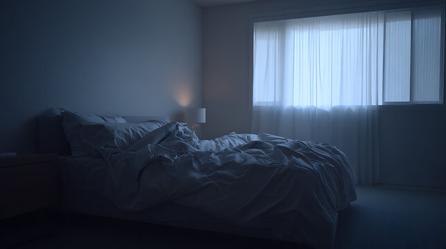 An empty bedroom interior illuminated by moonlight. The unmade bed is the focal point, the scene evokes calmness with its muted blue and white tones. Serenity defines the space.