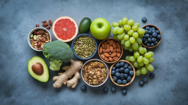 Assortment of fresh fruits vegetables nuts and seeds for healthy eating - Powered by Adobe