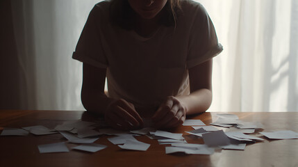 Indoor scene shows a person sorting through many small pieces of paper on a wooden table, illuminated by soft light. The individual, dressed in a t-shirt, appears focused.