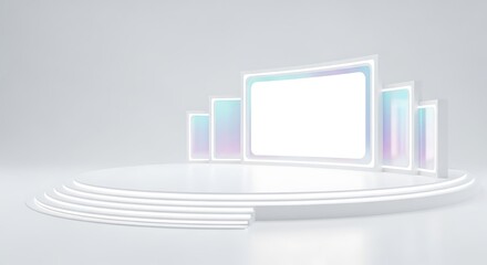 White stage with tiered circular platform and glowing holographic screens in pastel colors image