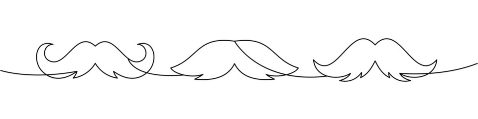 Continuous line moustache set. Minimal one line mustaches with curly and retro shapes for hipster graphics, logos and creative decoration.