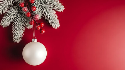 White christmas ornament hangs from frosted pine branch with red berry accent