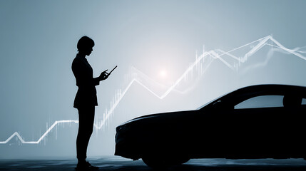 Silhouette of a person using a tablet beside a vehicle against a backdrop of rising financial graphs, symbolizing market growth and tech integration in the automotive industry.