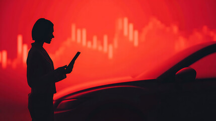 Silhouette of a person interacting with a digital device, overlaid with a stock chart, next to the outline of a vehicle, all bathed in shades of intense red.