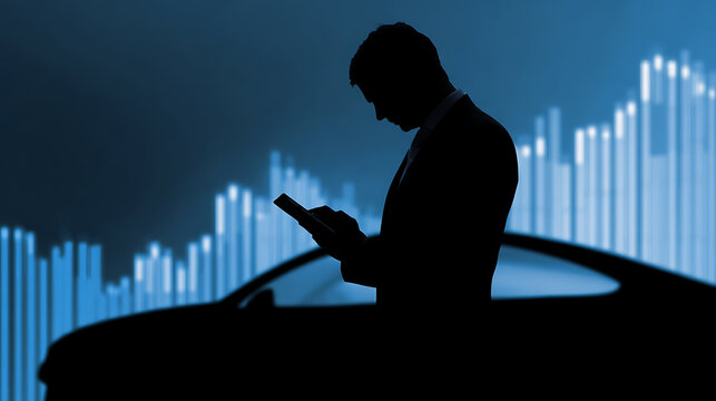 Silhouette of a person in a suit using a tablet, with a blurry background of financial chart and car outline, hinting at business or investment management related to automotive industry.