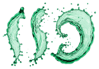 Highly detailed hyper-photorealistic macro of emerald green water splashes and a curling wave, frozen mid-motion against a transparent background, emphasizing purity and texture. concept of clean,