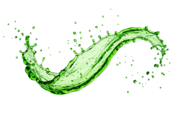 vibrant neon green liquid beverage, frozen in a dramatic high-speed splash with thousands of droplets, sharp focus against a brilliant white infinity cove. concept for beverage advertising