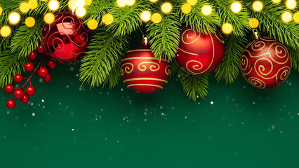 Close up of a blue ornate christmas bauble and pinecone on fir branch