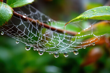 Dewdrops on Spiderweb with Green Leaves