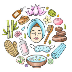 SPA and massage salon concept, aromatherapy oils, candles and body care soap.  Vector illustration