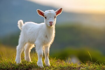 Obraz premium Young baby goat standing on grassy hill, surrounded by lush greenery, basking in warm sunlight, showcasing the beauty of nature and playful innocence in a serene landscape