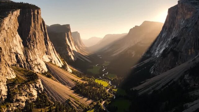 Majestic yosemite valley at sunrise with golden light rays