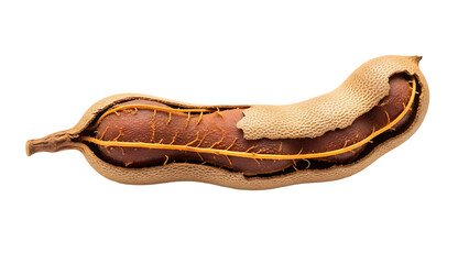 Fresh tamarind fruit pod, partially opened to show the brown pulp and seeds inside, isolated on transparent background