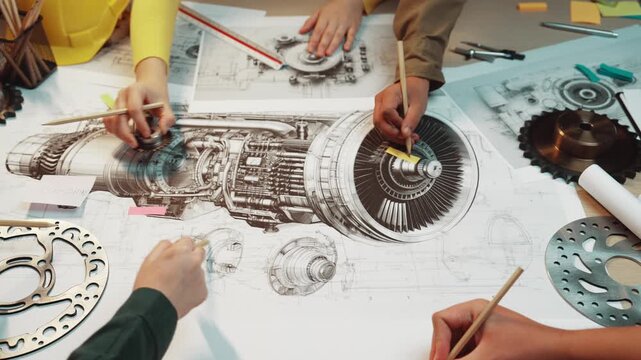 A group of hands engaged in collaboration over detailed technical drawings of aerospace engine components, showcasing a vibrant workspace filled with tools and papers. SACTR