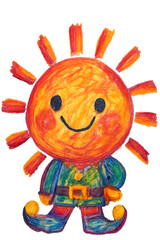 Adorable Hand-Drawn Sun Elf Cartoon Character &mdash; Smiling Anthropomorphic Orange Sun with Green Belted Costume