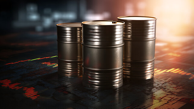 Crude oil barrels on data-driven surface. Metal containers symbolize the energy industry amidst stock market fluctuations. Light from the background illuminates the scene. - Powered by Adobe