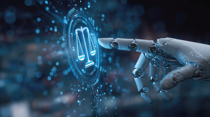 Robotic hand interacts with digital justice icon, symbolizing AI in law, ethics and future legal technology in a high-tech, futuristic setting.