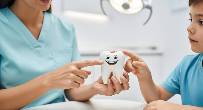A female dentist teaches a young boy about cavities using a tooth model. Pediatric dentistry and oral hygiene education in a modern clinic - Powered by Adobe