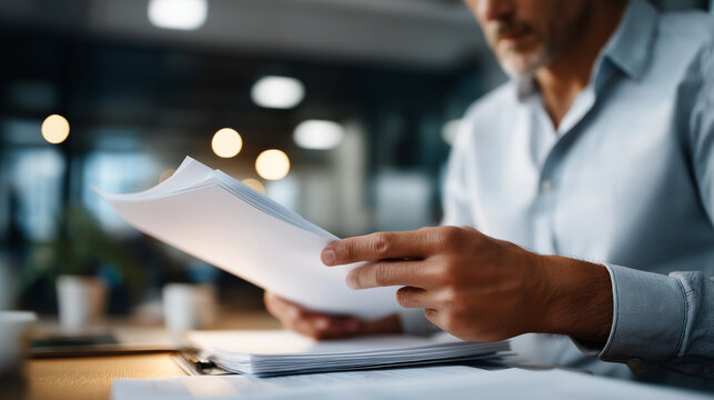 Faceless compliance officer hands reviewing regulatory documents legal administration work policy verification process corporate governance paperwork audit preparation document