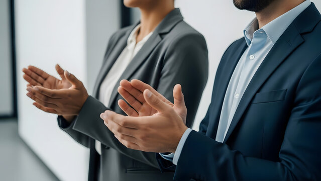 Close-up of business people clapping hands. Professional man and woman applauding at a conference. Business success, appreciation and recognition concept - Powered by Adobe