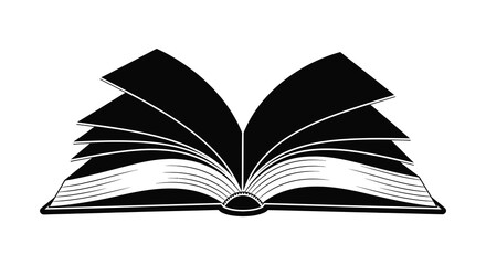 An open book with fanned pages a striking black silhouette