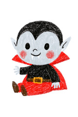 Adorable Hand-Drawn Baby Vampire Cartoon Character &mdash; Cute Little Dracula with Red Cape, Black Outfit, Fangs, and Pointy Ears, Sitting and Smiling Happily, Playful and Innocent Fantasy Creature, Perfec