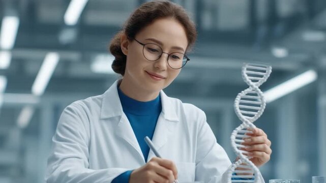 Young Female Scientist Analyzing DNA Sample in Modern Laboratory with Laboratory Equipment and Biotechnology Focus 4k video footage