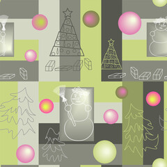 a pattern on a bright multicolored background with snowmen and Christmas trees drawn on it