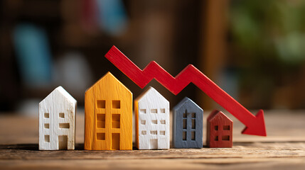 A dramatic representation of a housing market decline. The red arrow over the colorful wooden houses signifies economic challenges. A visual narrative of the economic downturn.