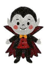 Adorable Hand-Drawn Little Vampire Cartoon Character &mdash; Cute Friendly Dracula with Fangs, Red Cape, Black Costume, and Bow Tie, Smiling Happily in Whimsical Spooky Cute Style, Perfect for Children&rsquo;s 