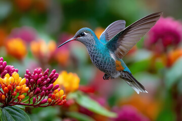 Naklejka premium A Colorful Hummingbird Hovers Near Vibrant Flowers in a Lush Garden