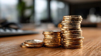 Stack of gold coins resting on a desk in an office setting during the day
