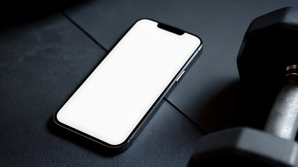 Fitness Tech: Blank screen phone next to dumbbell on black gym floor, symbolizing digital fitness resources. Great for app ads, motivational content or health tech promos.