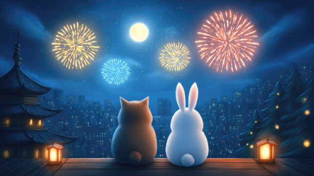 Cute cat and bunny watching fireworks under moonlit night sky in cozy animated city scene.