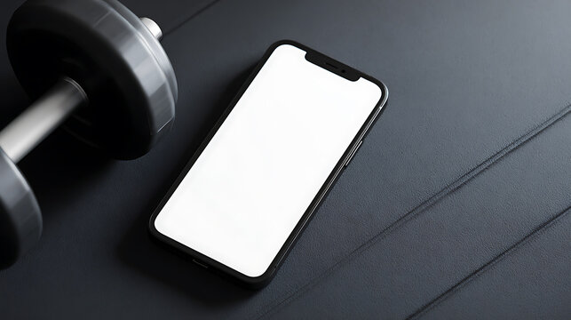 Dumbbell and a smartphone on a workout mat, blending fitness with technology. The blank screen offers versatile display, emphasizing the merge of active lifestyle with digital. - Powered by Adobe
