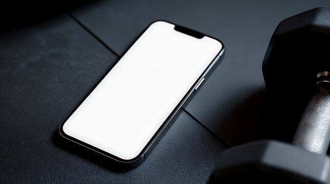 Fitness Tech: Blank screen phone next to dumbbell on black gym floor, symbolizing digital fitness resources. Great for app ads, motivational content or health tech promos. - Powered by Adobe