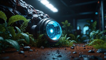 Futuristic lab in other planet sci fi representation of biospheric simulation of real environment captured in visionary artistic setting showcasing surreal atmosphere imaginative composition