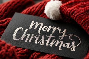 Elegant glittery Merry Christmas card featuring sparkling script text and a cozy red knit scarf