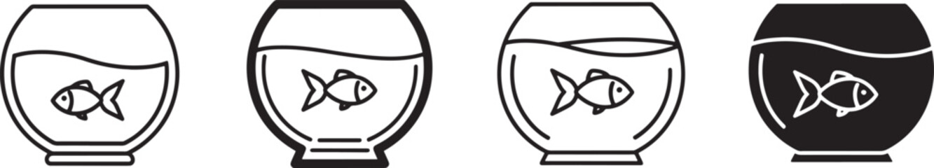 Minimalist fishbowl and fish icon vector set, various styles including line art and solid glyph designs for pets Vector