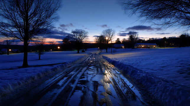 Winter twilight paints a serene landscape. Snow blankets the ground as the setting sun casts a gentle glow on bare trees and a quiet path leading into the peaceful horizon.