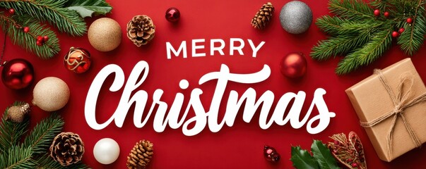 Merry Christmas on red background with evergreen branches, pine cones, and festive ornaments