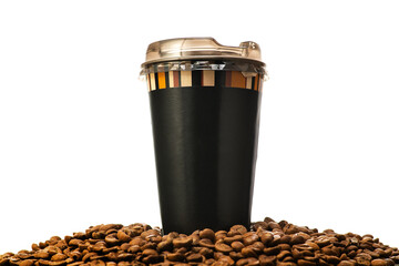 A black coffee cup with a lid sits on top of a pile of coffee beans