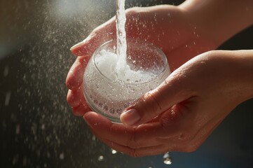 Warm water cascades over soapy hands as a clear glass gleams in gentle light