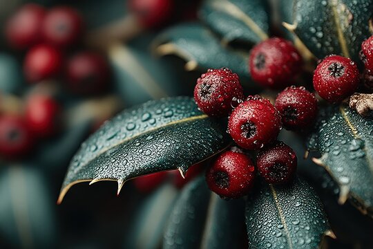 Velvety dark green holly leaves with red berries and dew drops in close-up - Powered by Adobe
